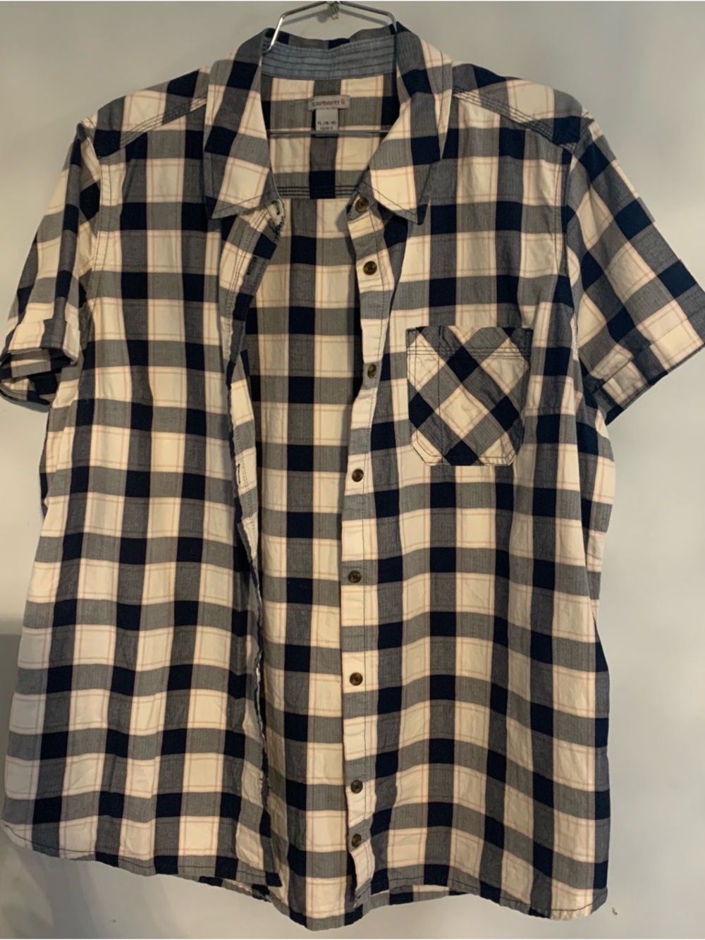 Carhartt Men's Short-Sleeve Navy and Cream Plaid Button-Down Shirt